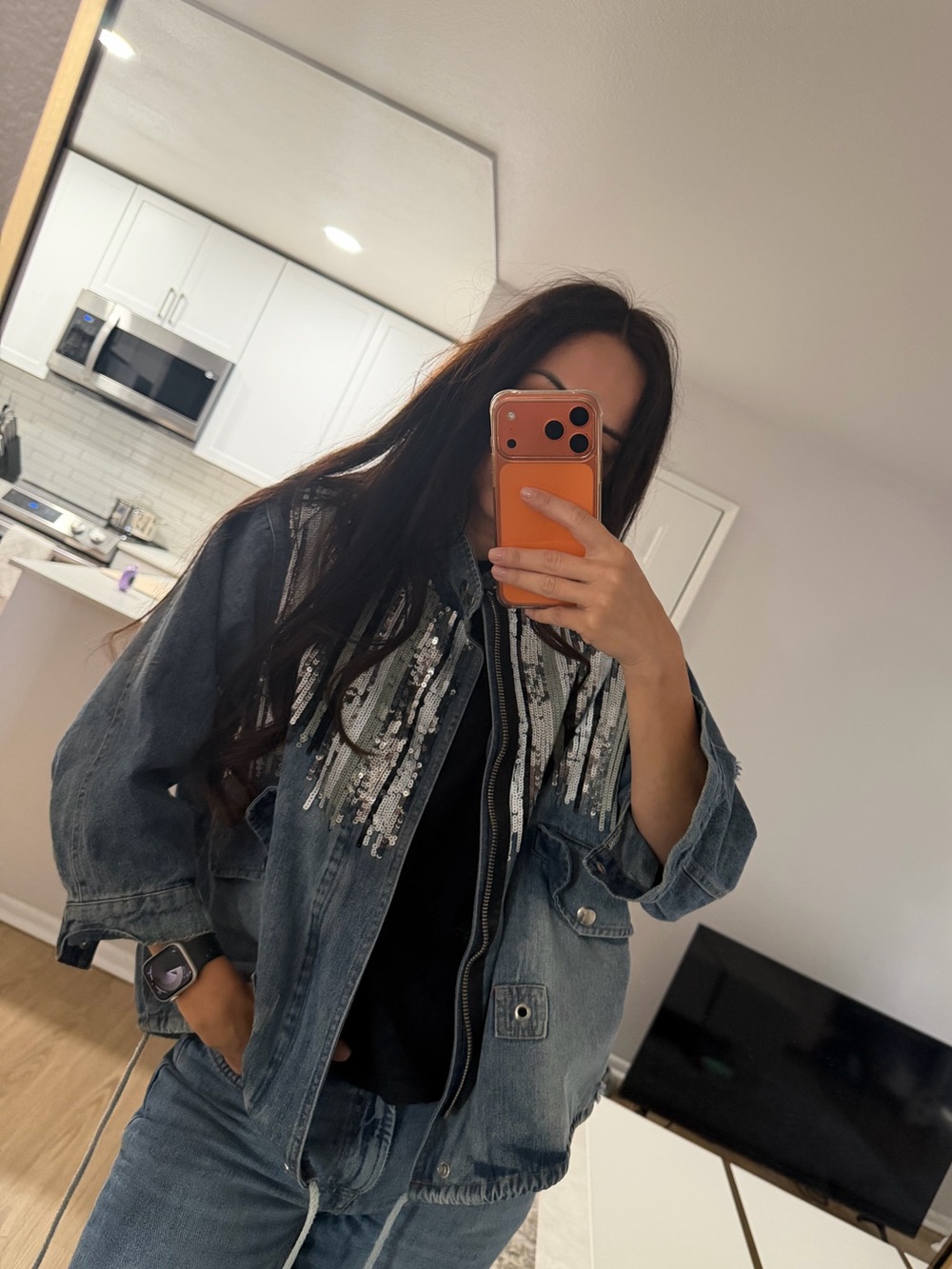 Sequined Fringe Denim Jacket - Blue with Silver Sequins